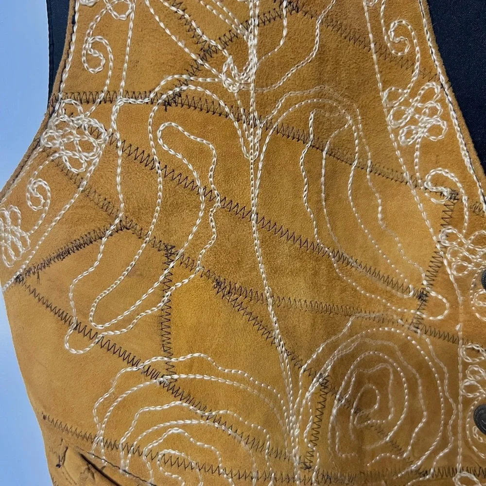 Avenue of America vintage western leather embroidered patchwork button vest #36E - Picture 3 of 5